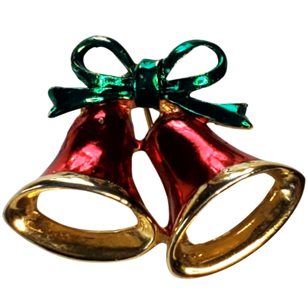 Vtg Gold Tone Metal Double Bell Christmas Pin Brooch 1"